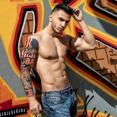 Vista 7 de Tatuajes temporales del 4 de julio, calcomanías de tatuaje falsas de bandera estadounidense, color rojo, blanco y azul, 4 de julio, recuerdos