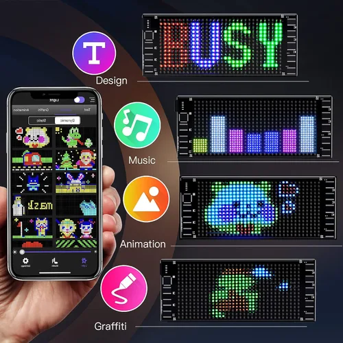 Vista 2 de KJOY - Mini letrero LED Bluetooth para coche, 17 x 7 cm, flexible, USB 5 V, señal LED digital, control por aplicación, programable