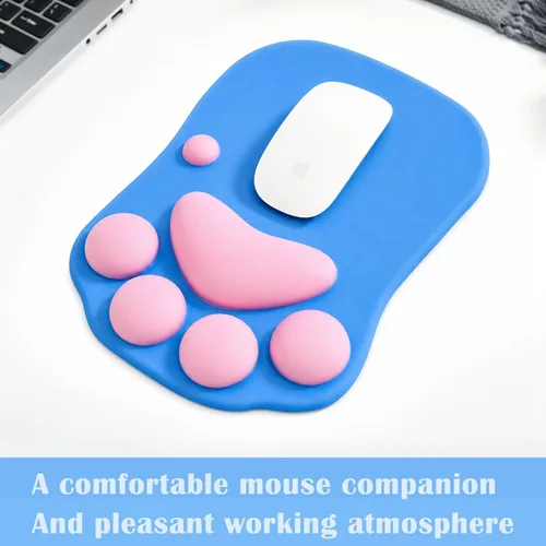 Vista 5 de Alfombrilla de mouse ergonómica con diseño de pata de gato, con soporte para muñeca, gel de silicona, diseño lindo y kawaii, azul y rosa, hogar
