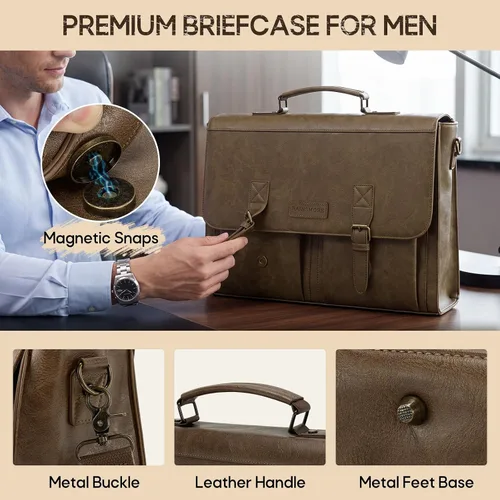 Vista 5 de RAINSMORE Bolsa de mensajero para hombre 17.3 pulgadas Vintage PU cuero Marrón