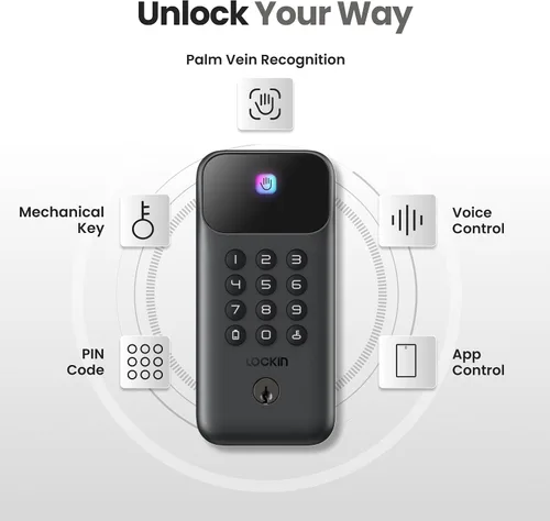 Vista 3 de Lockin Venoris Go – Cerradura inteligente – Cerradura de puerta de entrada sin llave de vena de palma – 5 métodos de desbloqueo, WiFi integrado