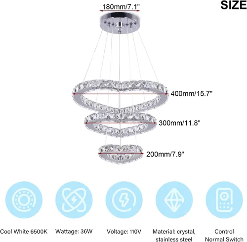 Vista 4 de Lámpara de araña moderna de cristal de corazón de 3 anillos con iluminación LED colgante de acero inoxidable para sala de estar, comedor y blanco
