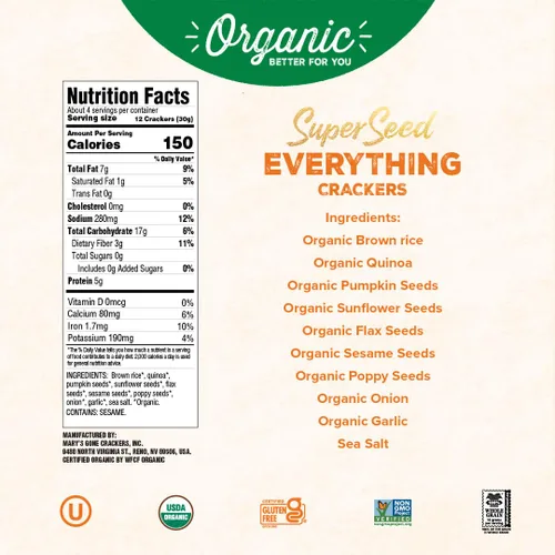Vista 2 de Mary's Gone Crackers Super Seed Crackers, Everything, 4 onzas (paquete de 1), proteína orgánica a base de plantas, sin gluten