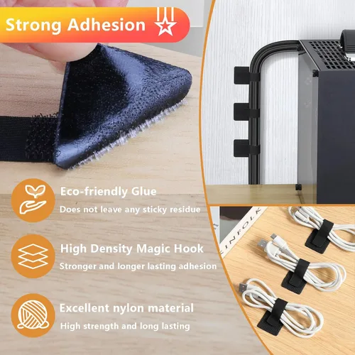 Vista 4 de Gestión de cables de escritorio, organizadores de cables para cordones - Actualización 48 PCS bridas de cable autoadhesivas negras con respaldo