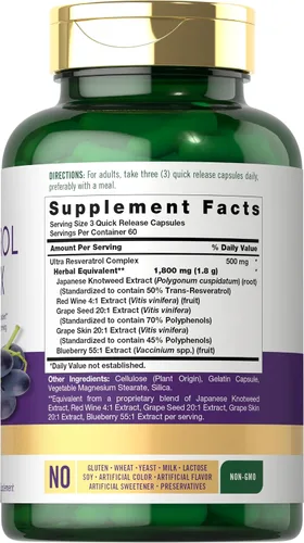 Vista 2 de Carlyle Suplemento de resveratrol 1800 mg 180 cápsulas Sin OMG y sin gluten Complejo potente