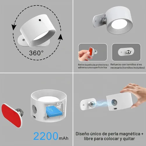 Vista 6 de Deyagoo 2PACK Lámpara de pared LED con control remoto - Lámpara de pared recargable, 3 colores y 3 niveles de brillo, cabezal giratorio magnético