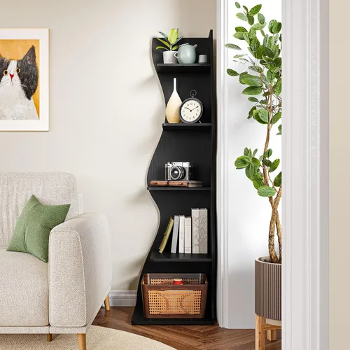 Vista 4 de LITTLE TREE Estantería de esquina pequeña, estantería moderna de esquina de pared de 5 niveles para libros, elegante librero estante