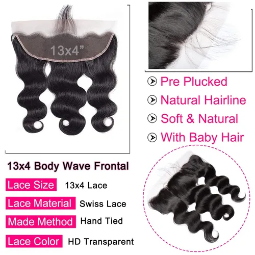 Vista 2 de Lemoda - Extensiones de cabello con cuerpo ondulado frontal 13x4, de encaje transparente HD, cierre frontal de encaje de cabello humano brasileño