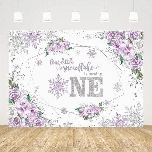 Vista 2 de AIBIIN Telón de fondo de invierno de 7 x 5 pies para niña, copo de nieve, color morado, floral, plateado, con purpurina, fondo de fotografía
