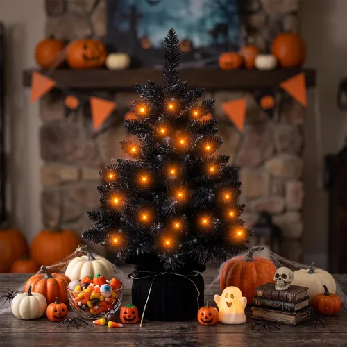 Vista 4 de Árbol de Halloween negro de 2 pies con luces, 50 LED multicolor preiluminado, mini árbol de Navidad artificial morado, árbol de Halloween