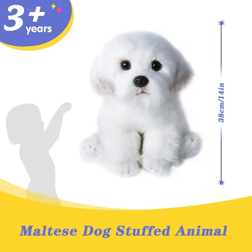 Vista 3 de Perro maltés de peluche realista de 14 pulgadas, juguetes de peluche para cachorros, almohada de felpa suave para cumpleaños para niños y adultos