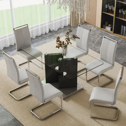 Vista 23 de Juego de 4 mesas de comedor de cristal, juego de mesa de comedor de Mesa negra+silla negra