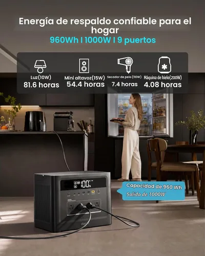 Vista 3 de Estación de energía portátil 2000W Surge, generador solar 1000W, 960Wh
