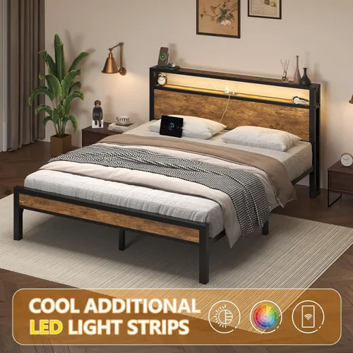 Vista 4 de E-Motie Base de cama de tamaño matrimonial con luces LED y estación de carga, cabecera de almacenamiento de madera con estantes de 2 niveles