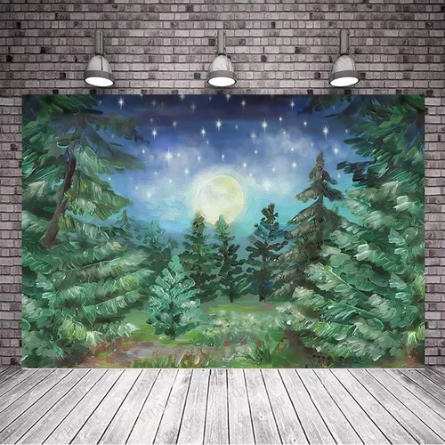 Vista 2 de Telón de fondo de bosque nocturno estrellado de 5 x 3 pies, selva, noche, luz de luna, bosque, pino, luna grande, fondo de fotografía, fondo