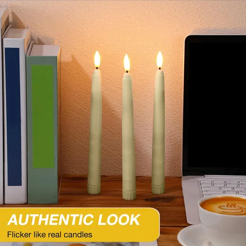 Vista 6 de Tuanse Paquete de 20 velas cónicas parpadeantes sin llama a granel con control remoto y temporizador, candelabros LED de Adviento a pilas para Beige
