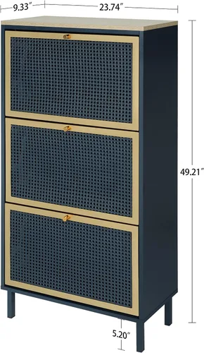 Vista 3 de ZeHuoGe Zapatero de ratán de metal con 3 cajones abatibles de metal, moderno armario de almacenamiento de 3 niveles para tacones, zapatillas