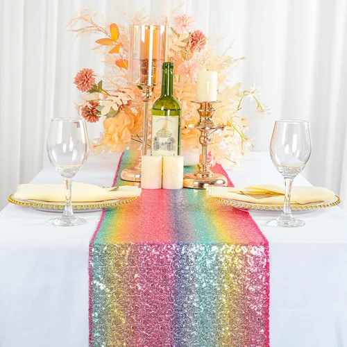 Vista 26 de ShinyBeauty Camino de mesa de lentejuelas rosa intenso, 12 x 72 pulgadas, elegante camino de mesa para eventos de boda personalizado