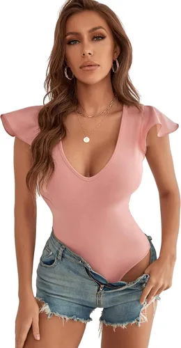 Vista 4 de SweatyRocks Enterizo ajustado sólido con cuello en V profundo y manga casquillo con volantes para mujer