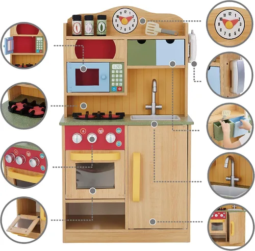 Vista 11 de Teamson Kids Little Chef Florence - Cocina interactiva clásica de madera con accesorios y espacio de almacenamiento para una fácil limpieza, grano