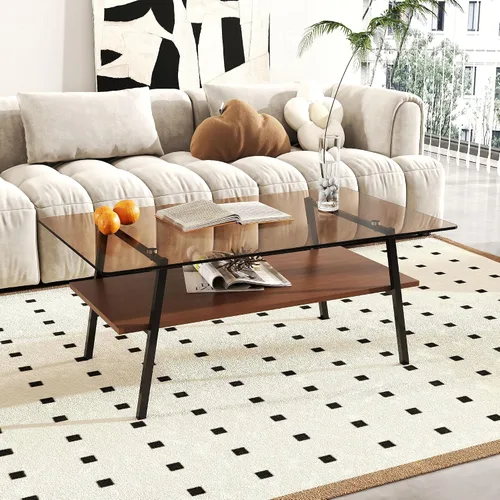 Vista 10 de Mesa auxiliar de cristal, mesa de centro de mediados de siglo de 2 niveles con parte superior de vidrio templado gris y estante de almacenamiento