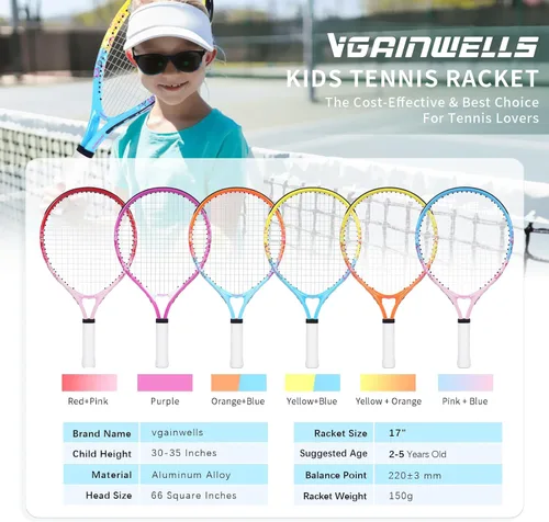 Vista 2 de Raqueta de tenis para niños de 17"-23" para edades de 2-9 años, ligera y duradera, incluye 1 raqueta de tenis para niños pequeños y 1 cintas