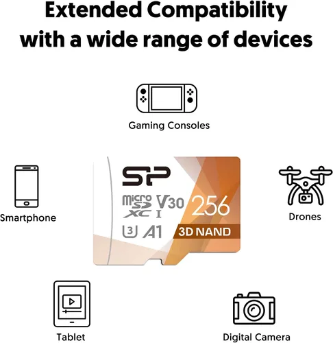 Vista 7 de Silicon Power - Tarjeta micro SD de 256 GB U3 SDXC hasta 100 MB/s de alta velocidad con adaptador para Nintendo-Switch, cámaras y drones
