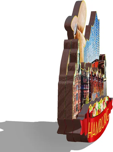 Vista 2 de Imán de madera de Hamburgo Alemania 3D para nevera, viajes, coleccionables, recuerdos, decoración, manualidades hechas a mano