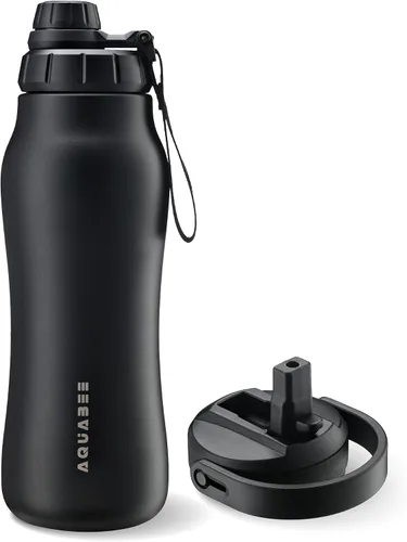 Vista 7 de Insula - Botella de agua de acero inoxidable con boquilla y tapa con popote, sin BPA y a prueba de fugas, botella de agua aislada al vacío de doble
