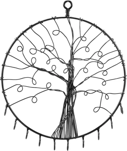 Vista 2 de MyGift Soporte redondo de metal para colgar en la pared, diseño de silueta de árbol de metal, aretes y ganchos para collares, negro