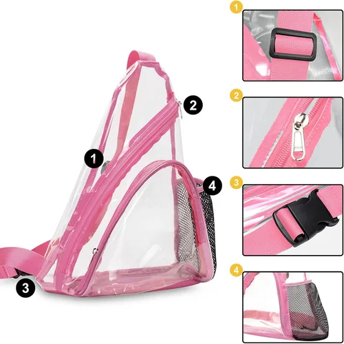 Vista 4 de Bolso bandolera transparente mochila cruzada de PVC aprobada por el estadio mochila informal transparente para senderismo viajes conciertos Rosado