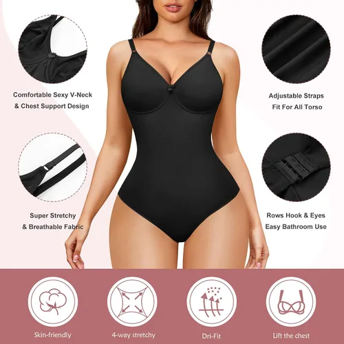 Vista 3 de AOSBOEI Body con cuello en V para mujer, sin mangas, tirantes delgados, camisolas, leotardo, sexy, informal, camiseta sin mangas para salir