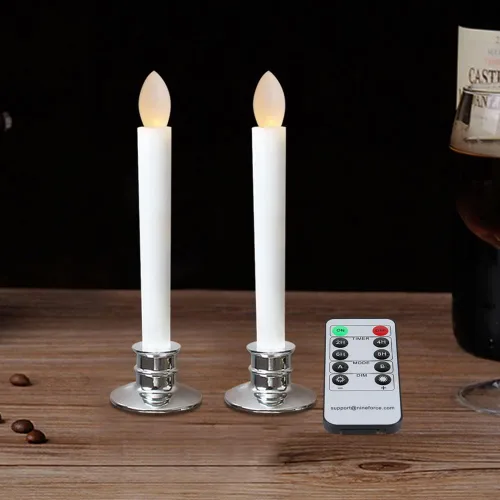 Vista 6 de Paquete de 2 velas cónicas sin llama con control remoto/temporizador, velas LED parpadeantes operadas por batería para ventana, candelabros falsos