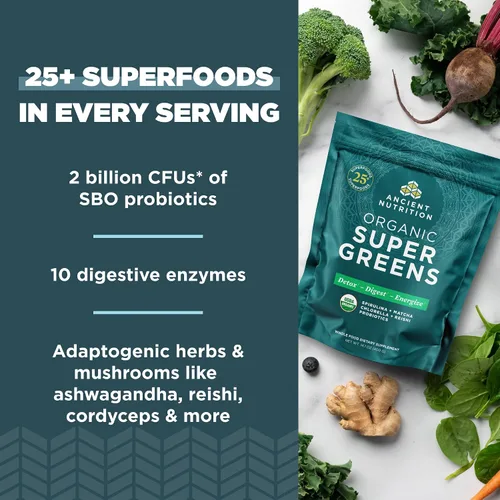 Vista 5 de Ancient Nutrition Proteína en polvo de péptidos de colágeno múltiple, sin sabor, 100 porciones + polvo orgánico Supergreens, sin sabor, 50 porciones