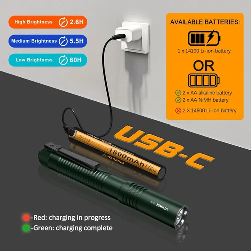 Vista 6 de VTIGER T2A - Linterna compacta EDC de 1500 lúmenes de alto, linterna LED recargable AA, superbrillante, pequeña, táctica, con bolsillo, con imán