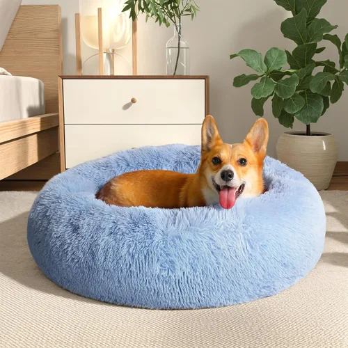 Vista 8 de Cama calmante para perros y gatos, cama antiansiedad, de felpa, con forma de dona, redonda, acolchada, de piel sintética, suave y esponjosa