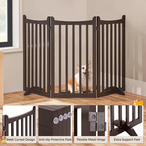 Vista 4 de Topeakmart Valla para perros para interiores de 36 pulgadas de alto, 3 paneles de puerta plegable de madera para mascotas con 2 pies de soporte