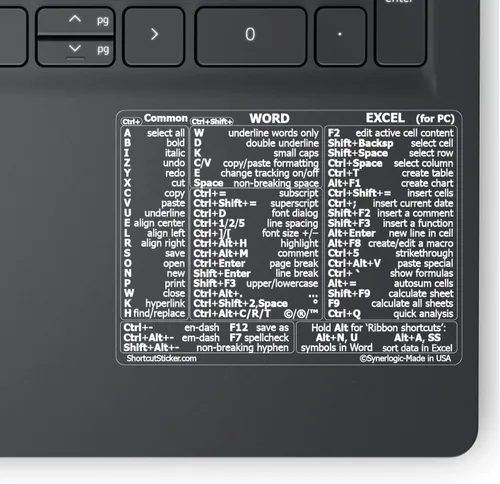 Vista 7 de SYNERLOGIC Microsoft Word/Excel (para Windows) Guía de Referencia de Atajos de Teclado Adhesivo, Laminado, Vinilo Sin Residuos (Negro/Pequeño)