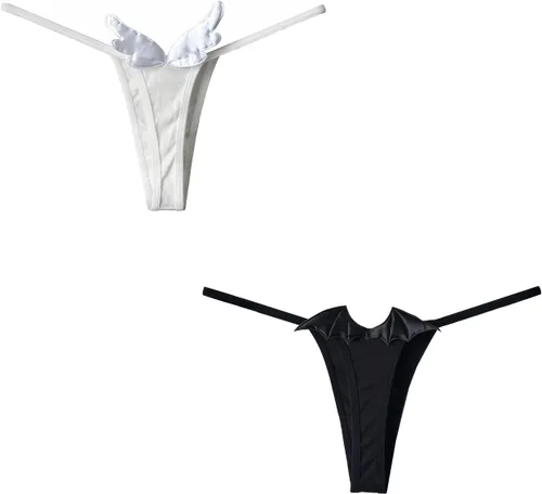 Vista 5 de Tangas de algodón para mujer, diseño de alas de diablo y ángel, tangas de tiro bajo, ropa interior sexy Diablo Negro