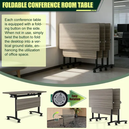 Vista 4 de Mesas plegables para sala de conferencias, mesa de entrenamiento móvil abatible con ruedas giratorias de 360°, mesa de conferencias moderna Olmo