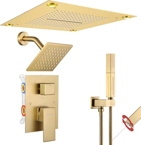 Vista 14 de VANFOXLE - Juego de grifo de ducha dorado cepillado, grifo de ducha con 2 en 1 de mano, cabezal de ducha LED de 16 pulgadas, cabezal de ducha de 6