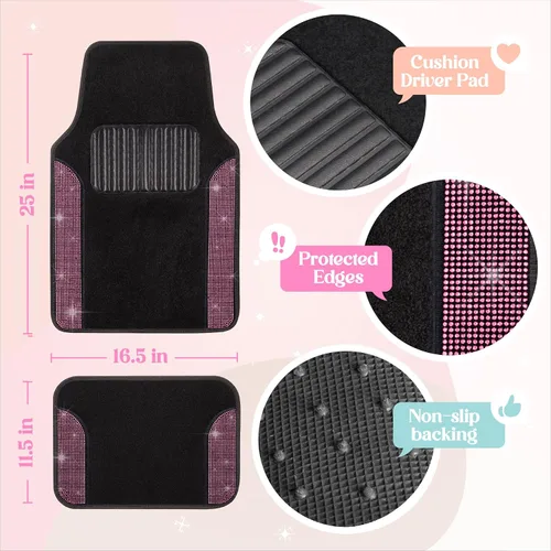 Vista 7 de Carbella Juego de 4 Alfombrillas de Coche con Diamantes Brillantes Estilo Bling, Alfombrillas de Suelo de Coche de Cristal de Strass Brillante