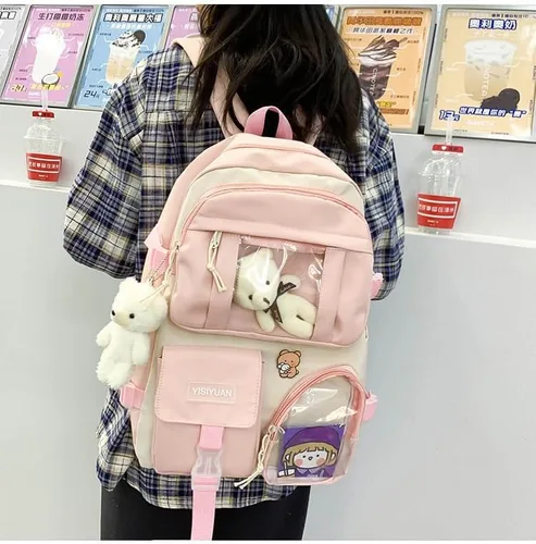 Vista 5 de HOKMAH Mochila Kawaii con pin Kawaii y accesorios, linda bolsa Y2K Ita Bag Daypack Itabag bolsa de uso diario bolsa de hombro, rosa con colgante