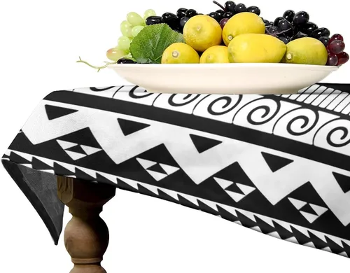 Vista 6 de Mantel de buffet con diseño étnico de geometría blanca y negra, 55 x 55 pulgadas, manteles negros de tela para fiestas para comedor, cocina