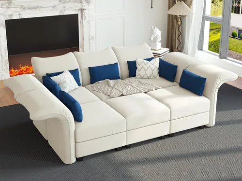 Vista 36 de LLappuil Sofá seccional beige con almacenamiento, sofás modulares de pana para sala de estar con apoyabrazos ajustables, cojines de felpa gruesos, 6