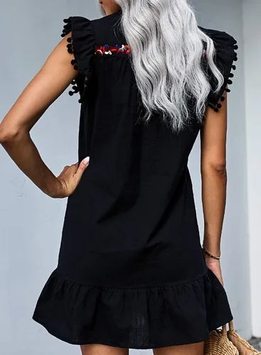 Vista 4 de KYLASIEN Vestido de verano casual bohemio con cuello en V para mujer, bordado floral, con volantes, hombros y volantes, estilo bohemio