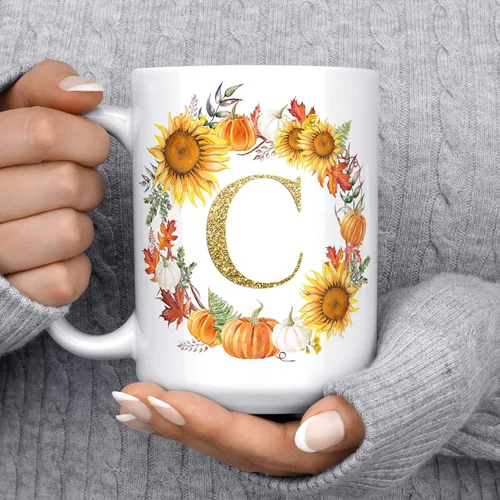 Vista 5 de Taza de café de cerámica personalizada con inicial de otoño, 11 o 15 onzas