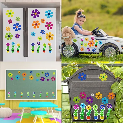 Vista 7 de Whaline 24 calcomanías magnéticas de flores de primavera, calcomanías magnéticas multicolor de flores en maceta, calcomanías magnéticas
