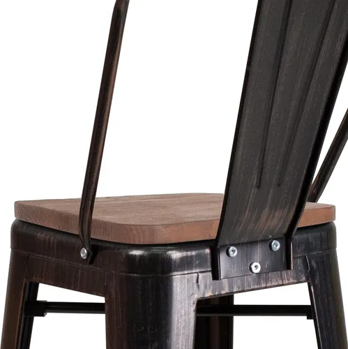 Vista 9 de Merrick Lane Amsterdam Taburete de bar – Silla de bar de metal negro antiguo con asiento de madera – Taburete de cocina con respaldo curvado