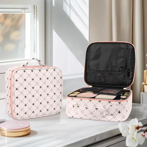 Vista 2 de Bolsa de maquillaje de viaje, organizador de cosméticos impermeable, divisores ajustables, estuche de tren de cosméticos portátil, organizador